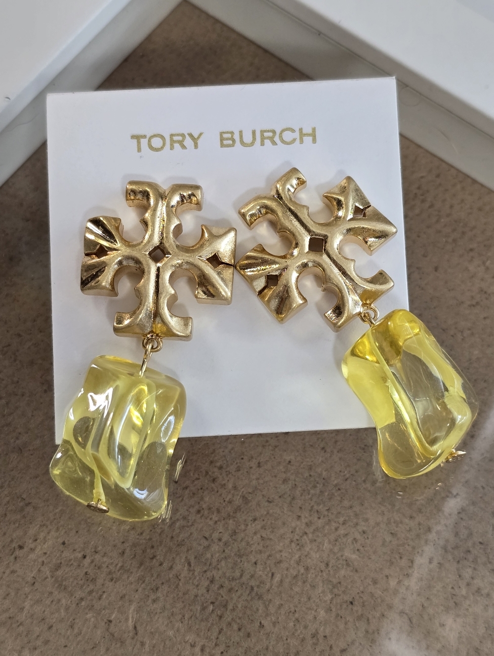 Tory Burch Gold-Tone Logo Earrings with Yellow Resin Drops